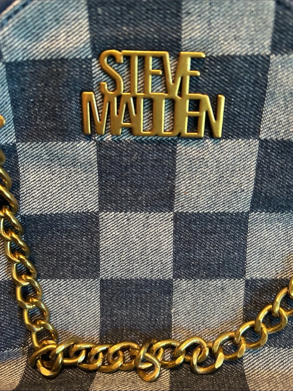 Steve Madden Blue Check Denim Mini Backpack with Gold Chain